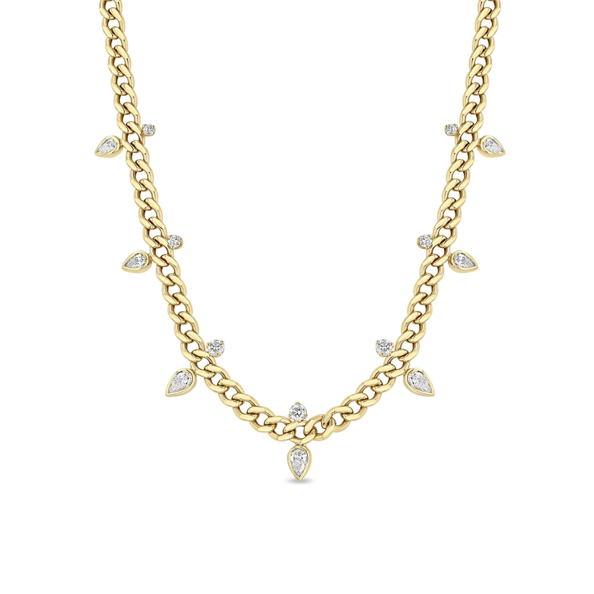 14k Graduated Stacked Pear & Round Diamond Medium Curb Chain Necklace