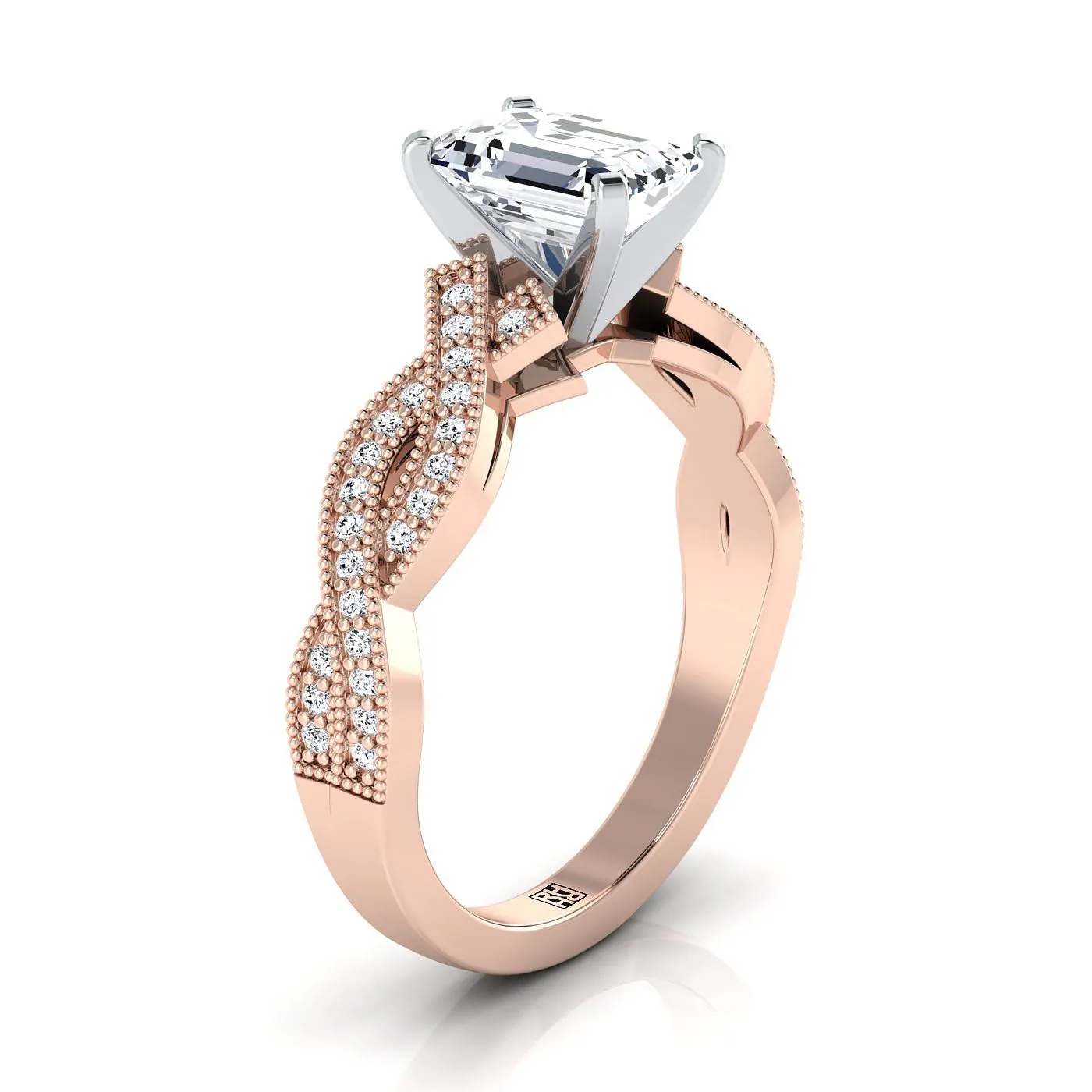 14K Rose Gold Emerald Cut Antique Twisted Open Beaded Diamond Halo Engagement Ring -1/5ctw