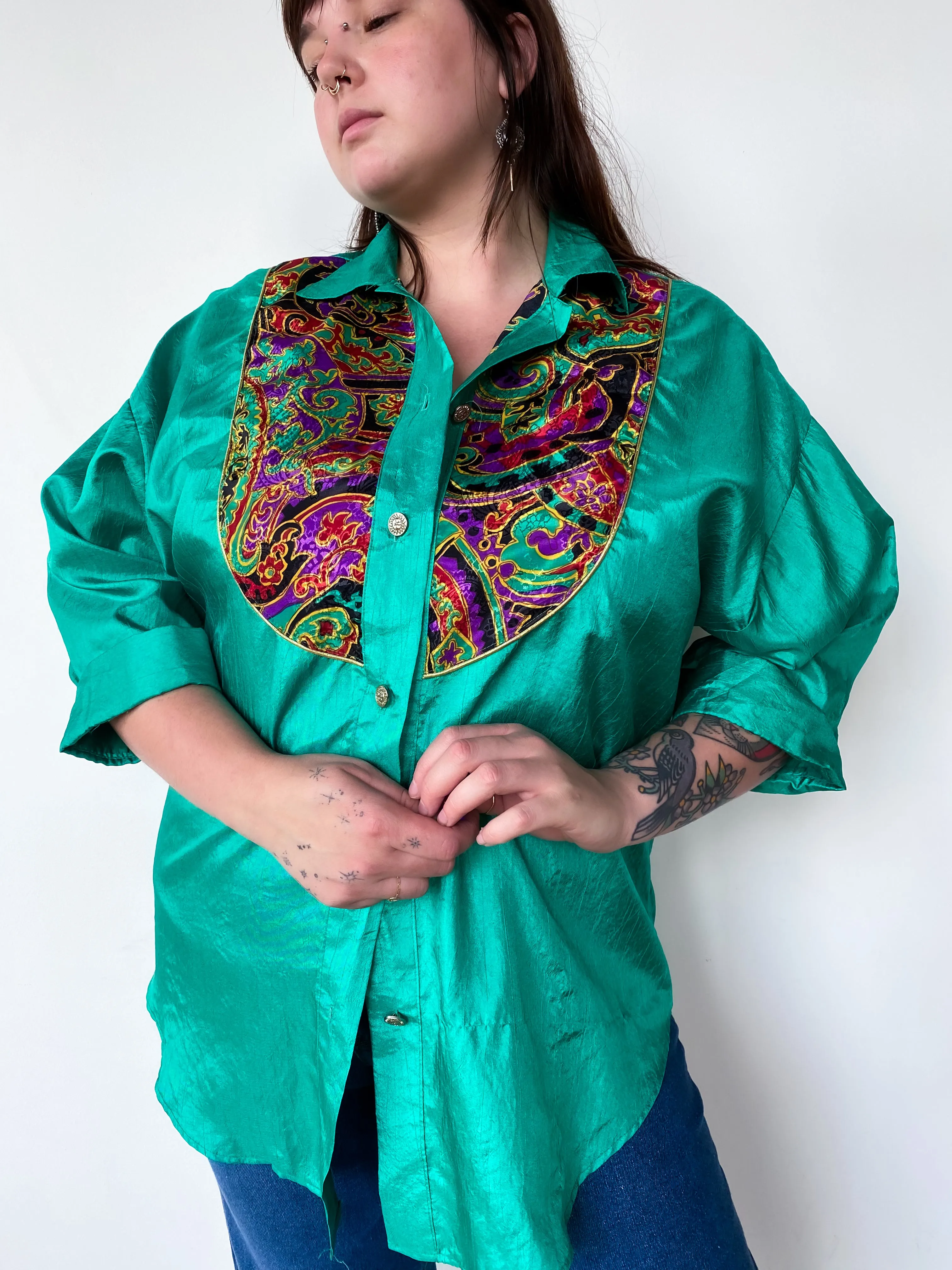 1990s Kelly Green Button Down Blouse, sz. 2X