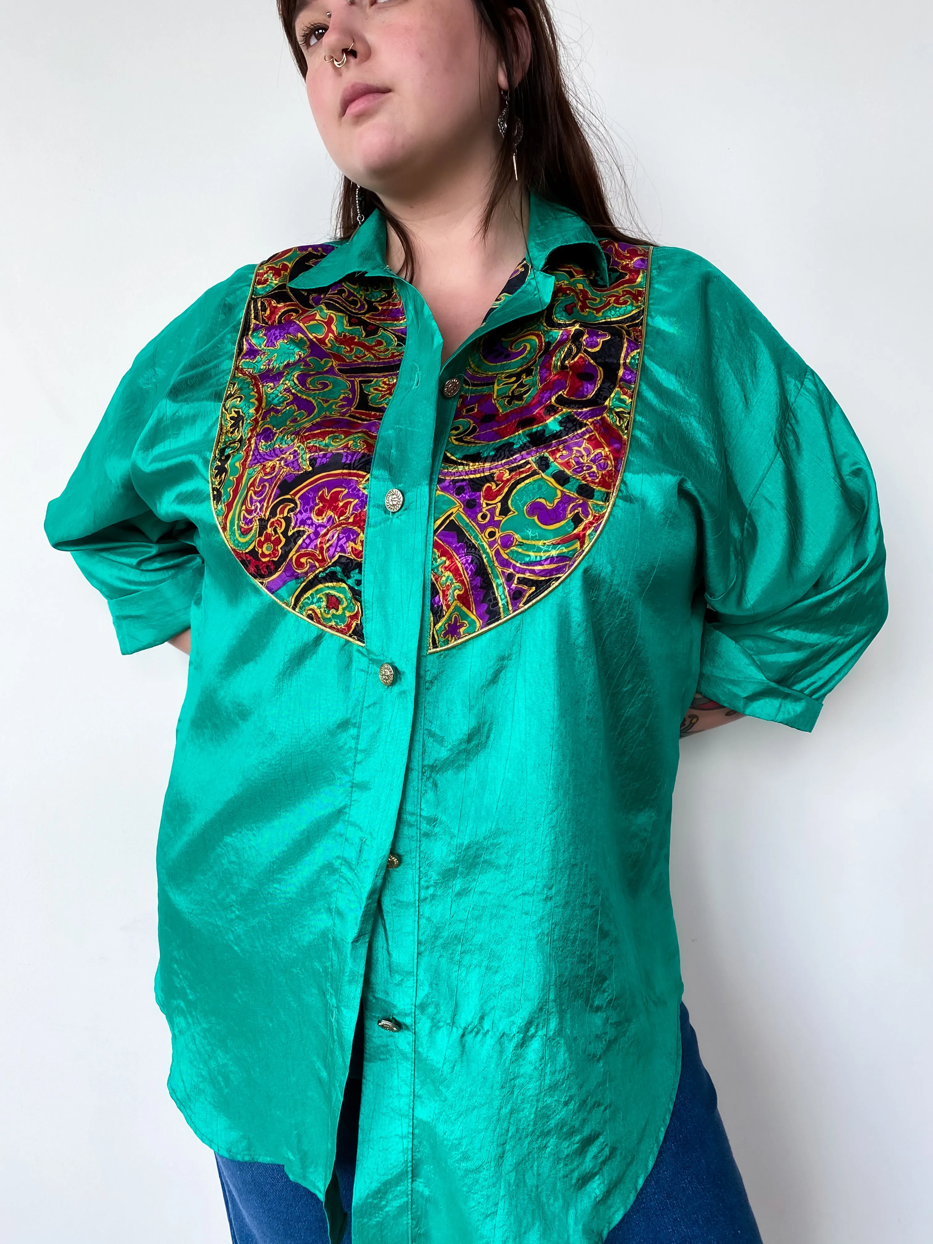 1990s Kelly Green Button Down Blouse, sz. 2X