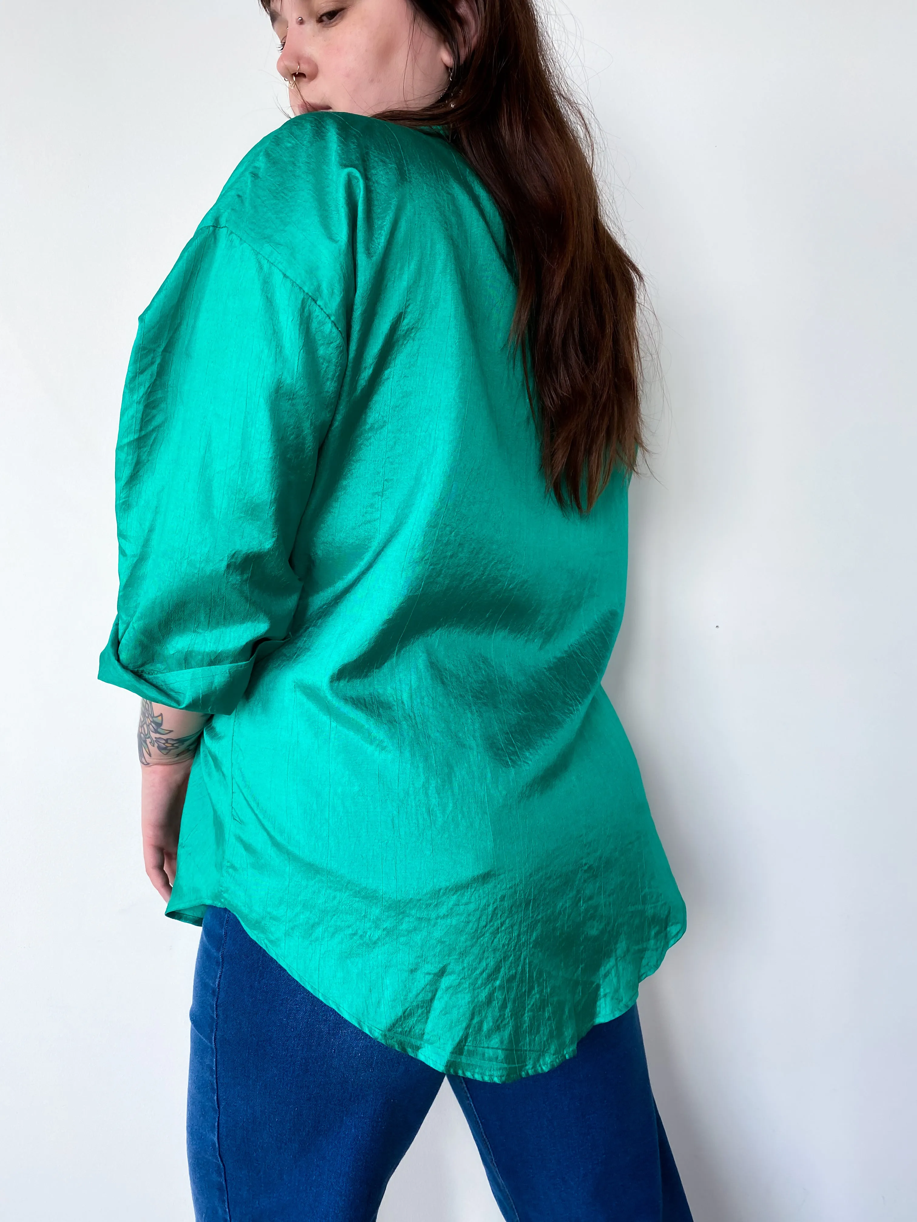 1990s Kelly Green Button Down Blouse, sz. 2X