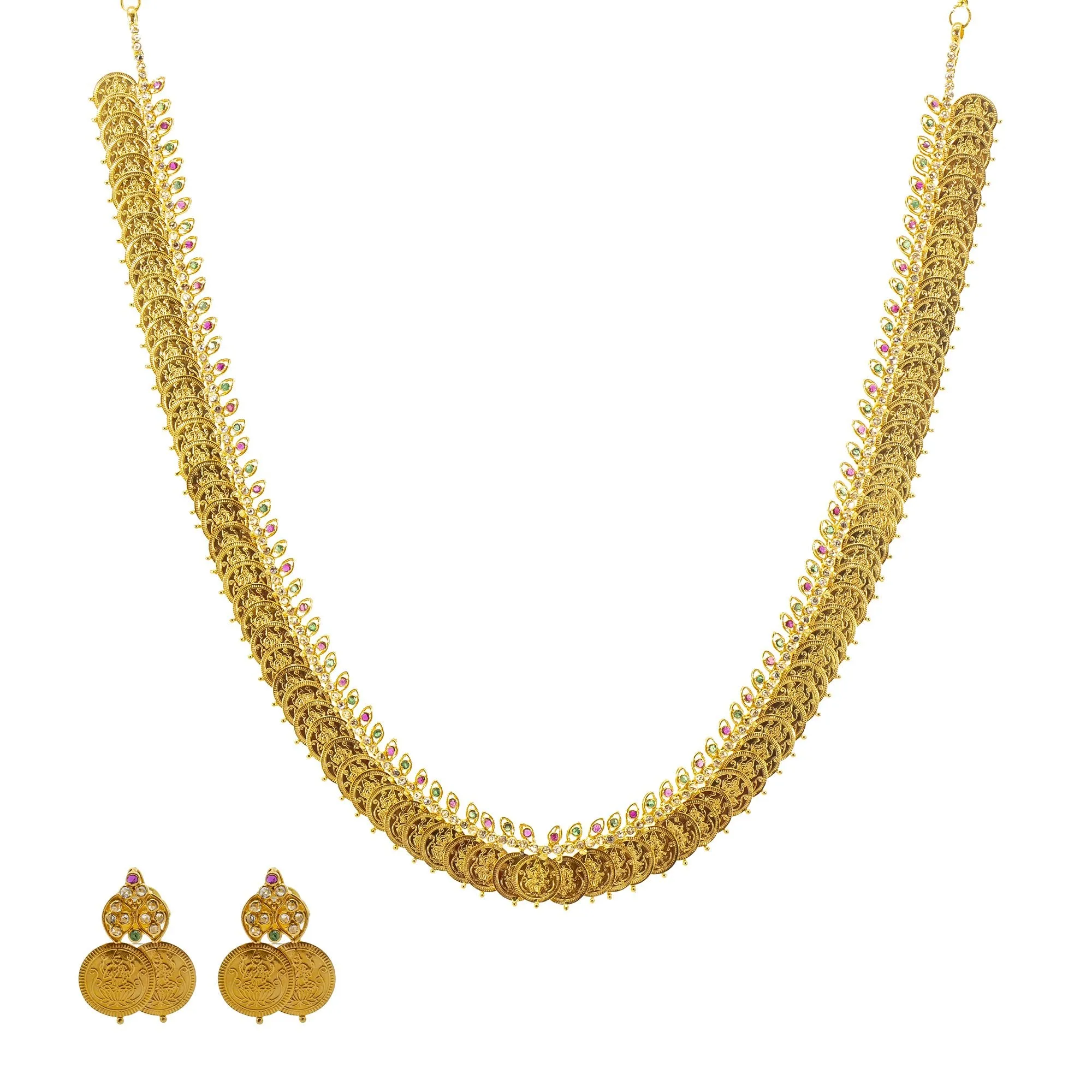 22K Gold & Uncut Diamond Laxmi Kasu Necklace Set