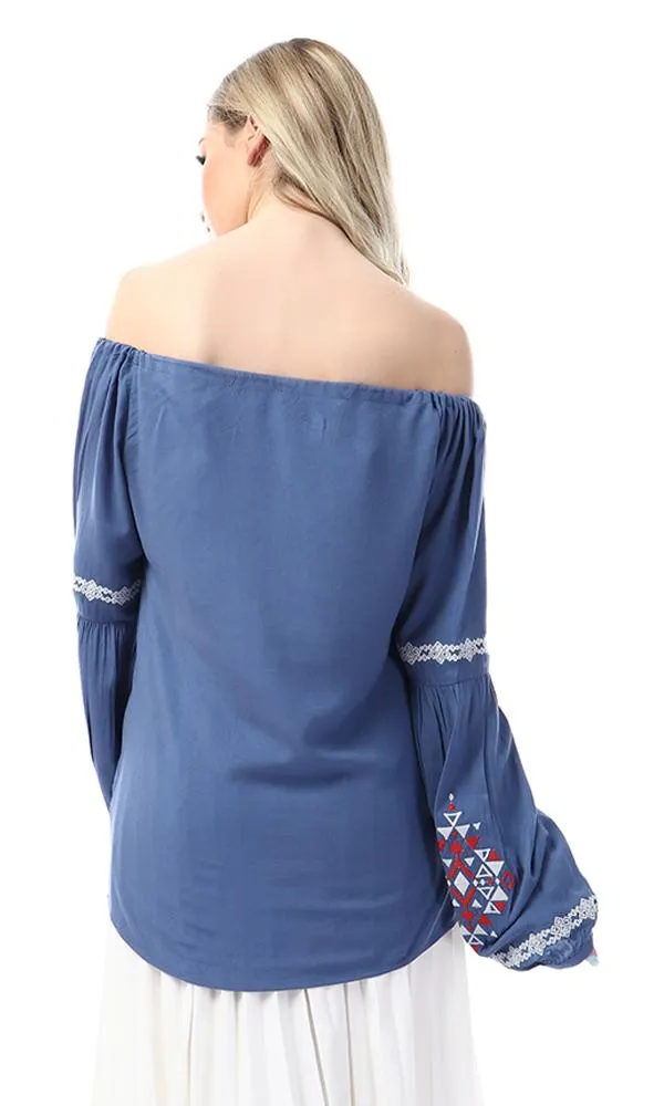 53983 Lace Up Neck And Bell Sleeves Steal Blue Blouse