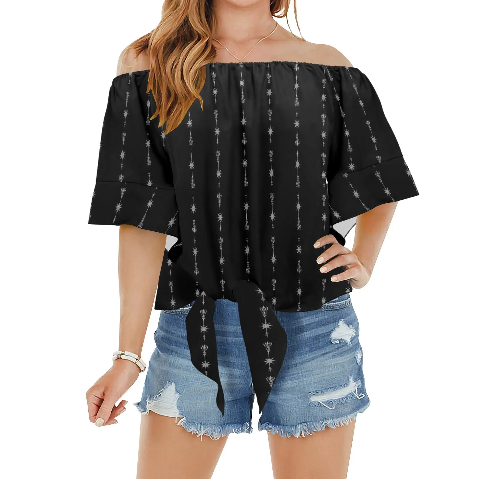 arrows rising bw print 2 Off Shoulder Knot Front Blouse (Model T71)