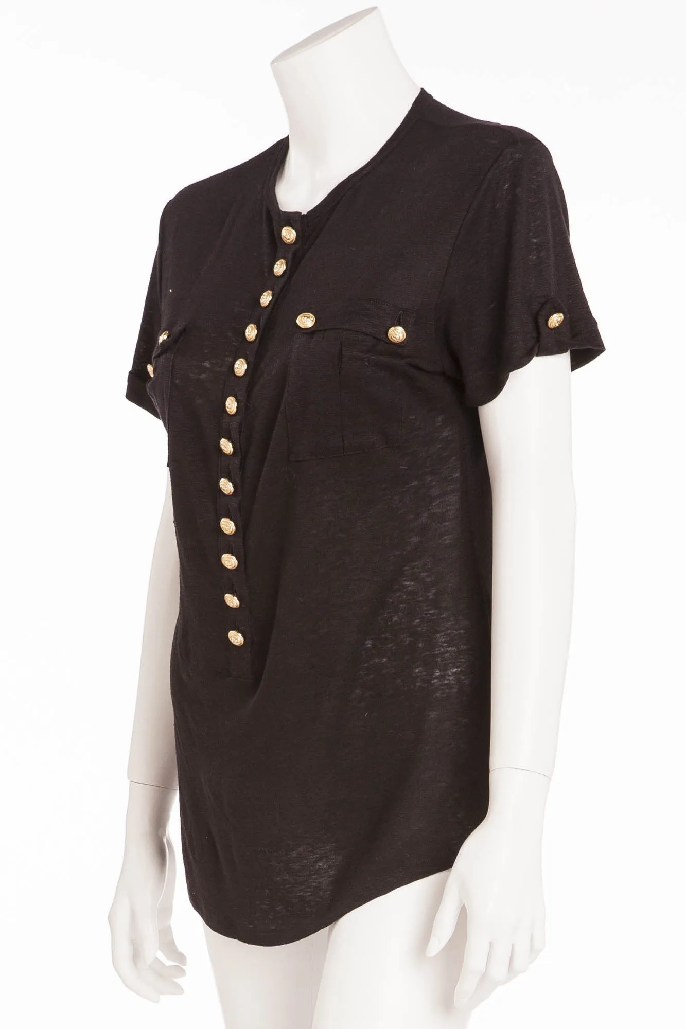 Balmain - Short Sleeve Black Top with Gold Buttons - FR 40