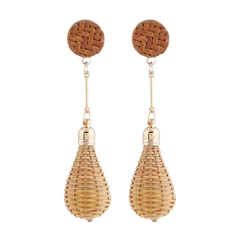 Bamboo Rattan Woven Lantern Drop earrings. Gold tone.