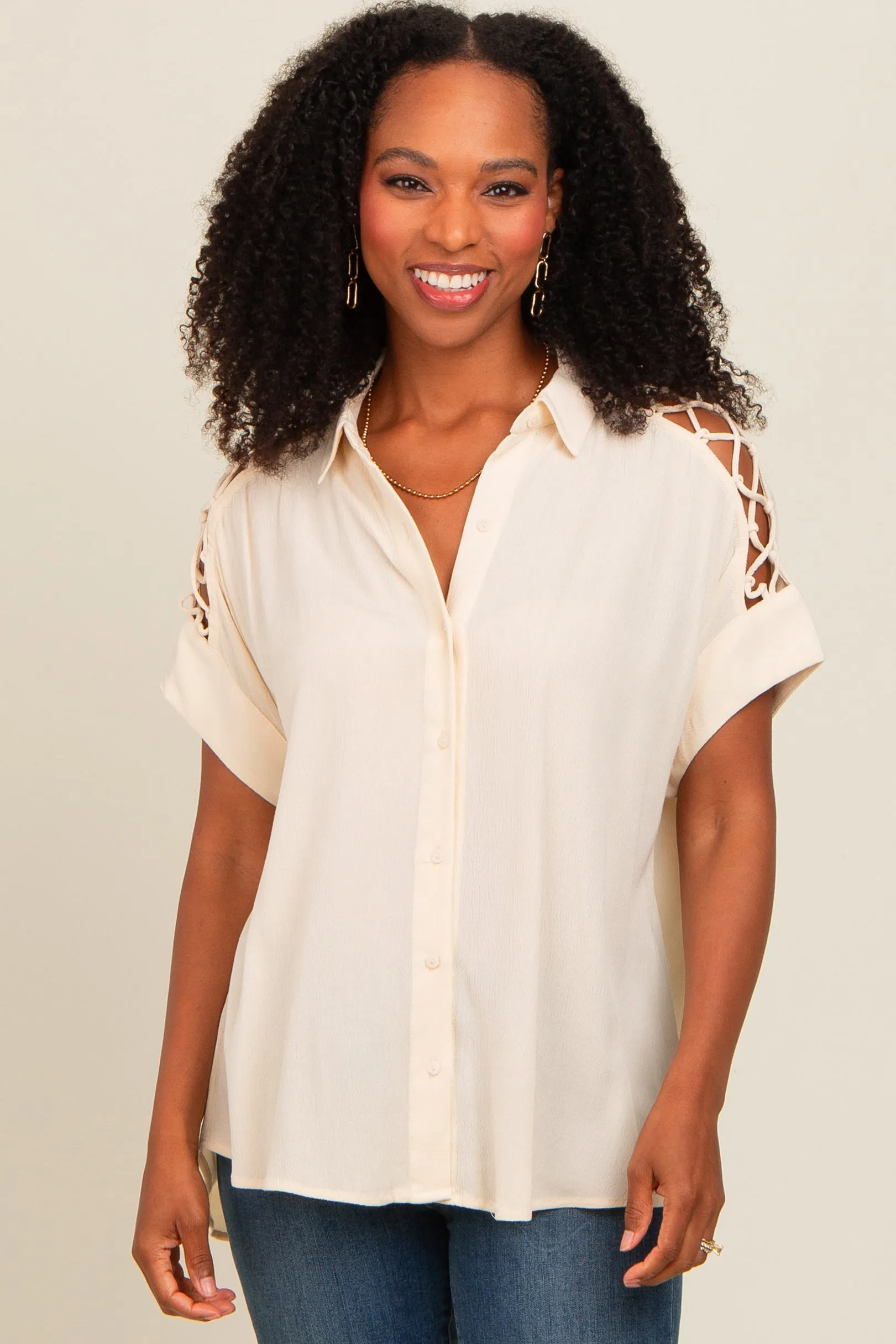 Beige Button Down Lace-Up Shoulder Maternity Top