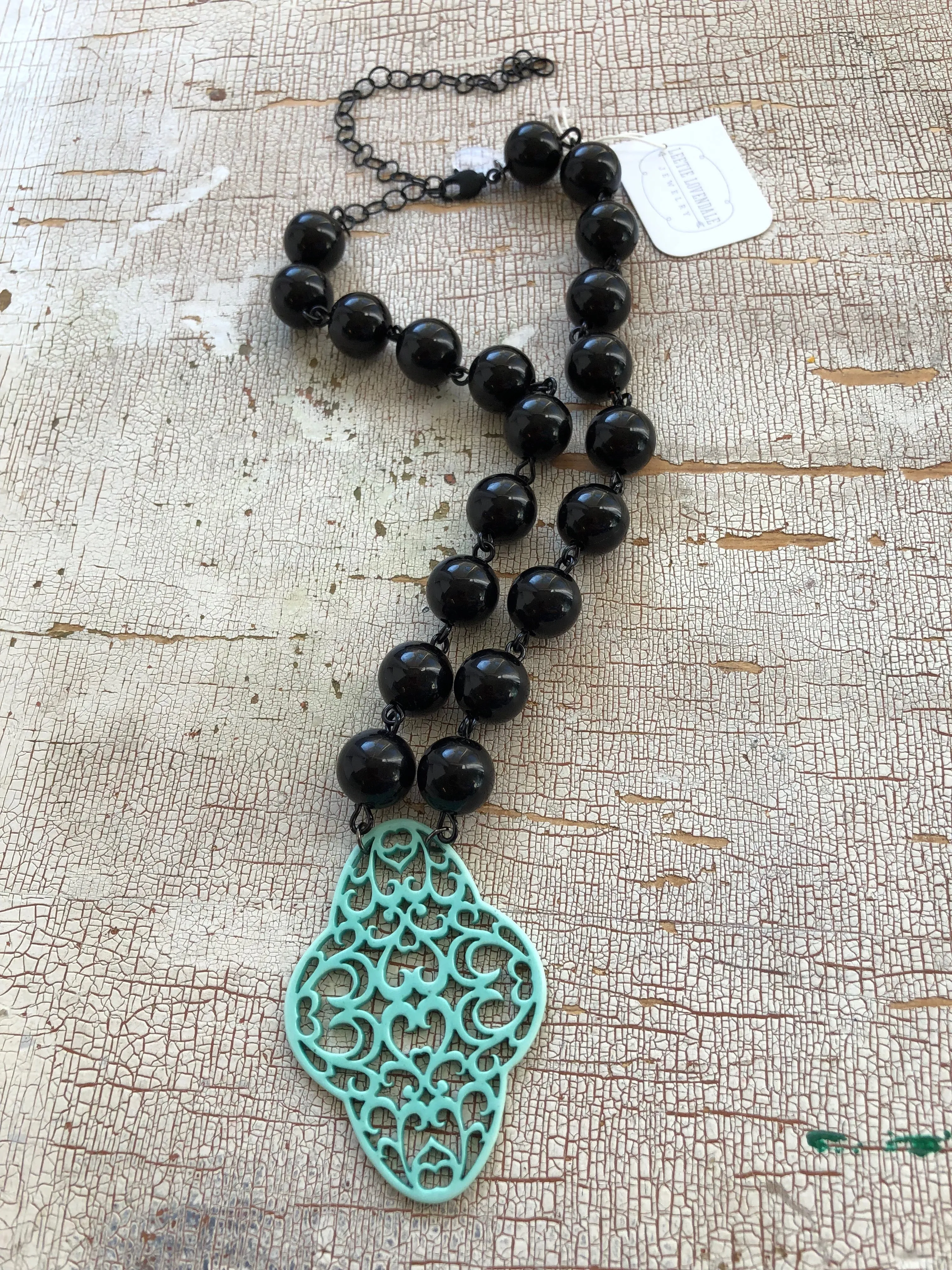 Black & Turquoise Boho Lace Beaded Aleta Necklace