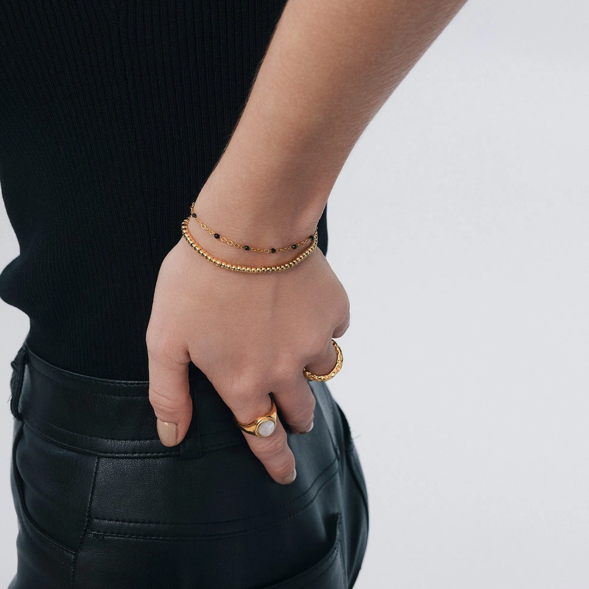 Black Enamel Beaded Bracelet in Gold