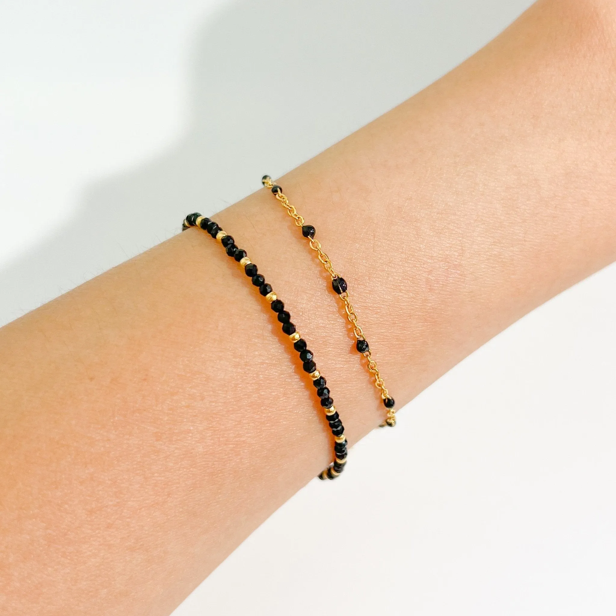 Black Enamel Beaded Bracelet in Gold