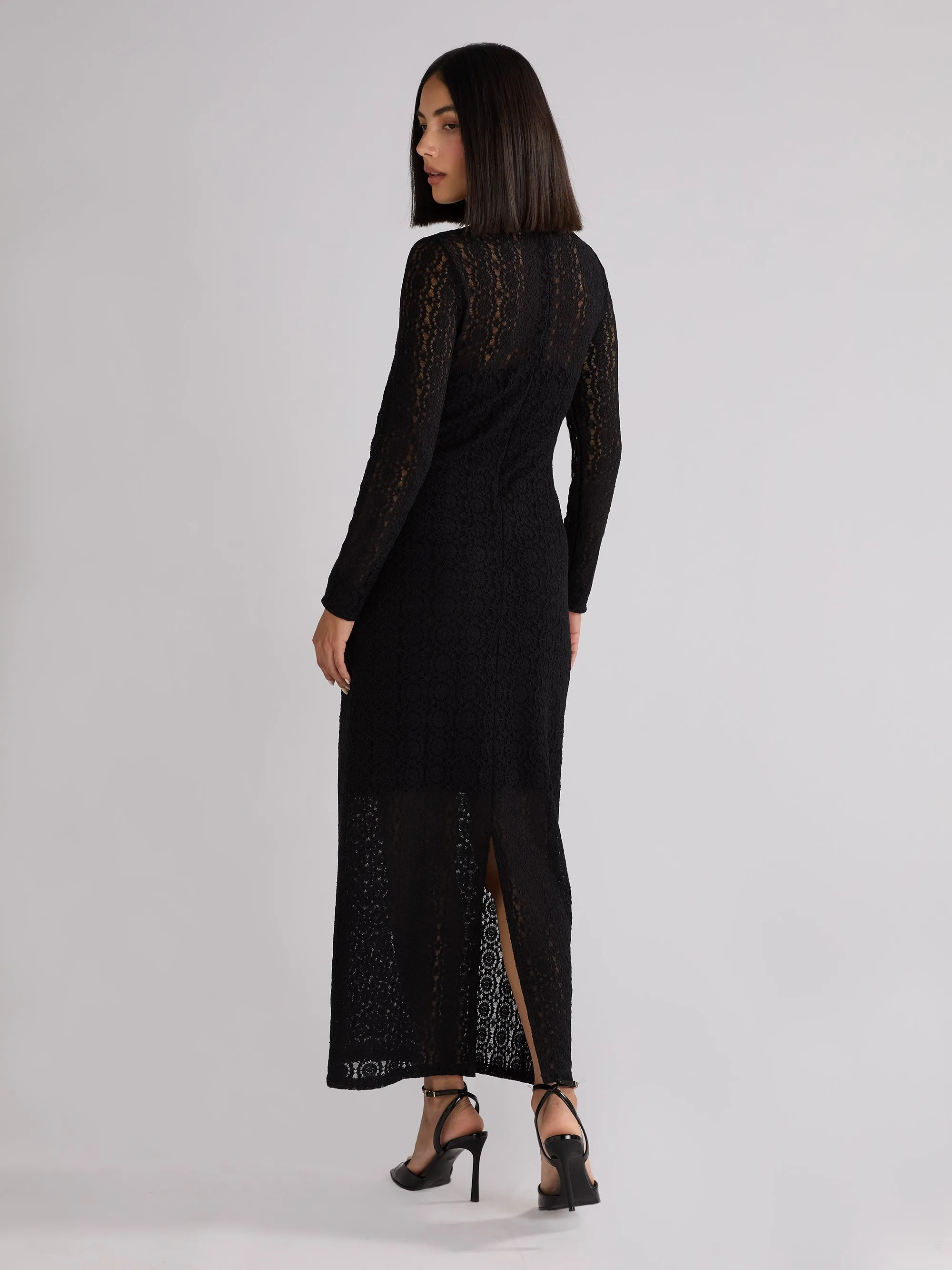 Black Lace High Neck Midi Dress