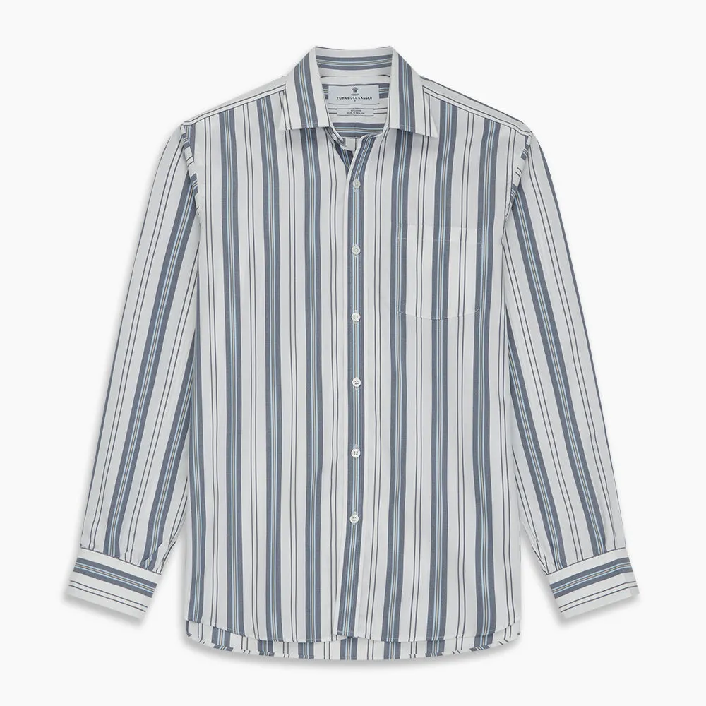 Blue, Green & White Stripe Weekend Fit Shirt with Derby Collar & 1-Button Cuffs