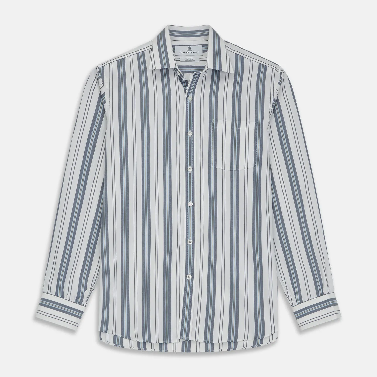 Blue, Green & White Stripe Weekend Fit Shirt with Derby Collar & 1-Button Cuffs