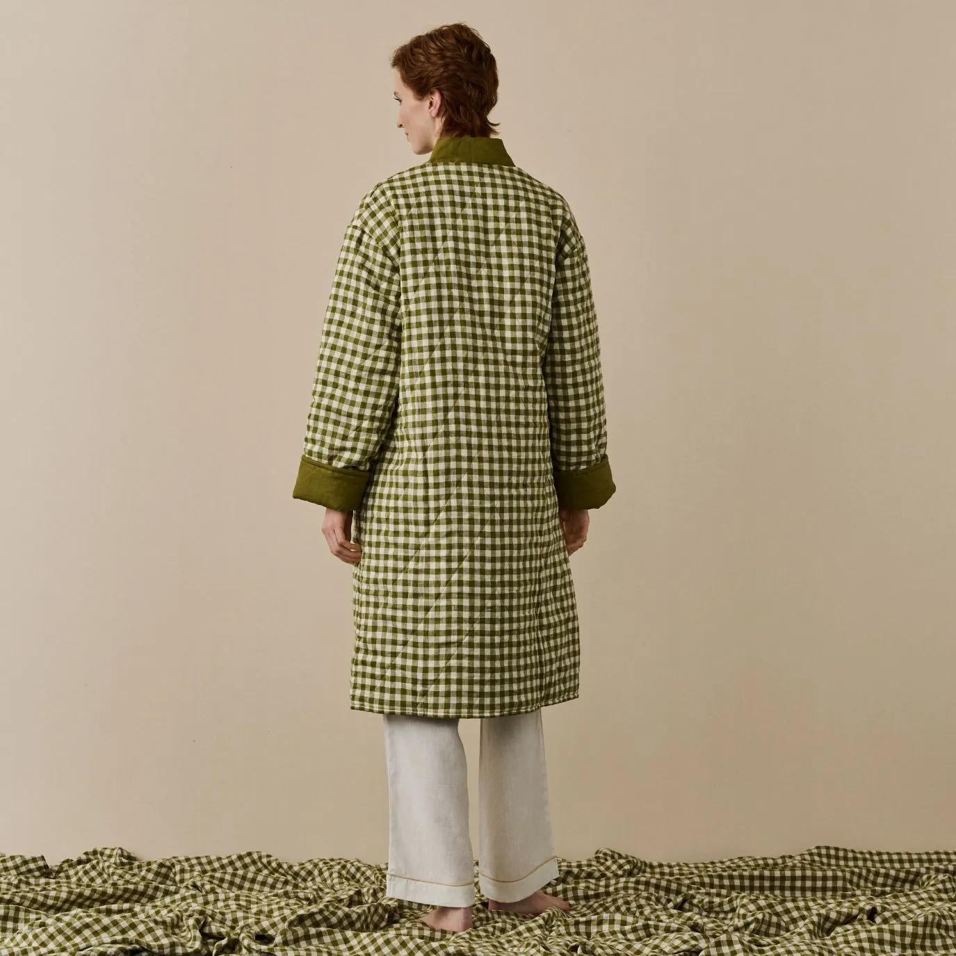 Botanical Green Gingham Linen Housecoat