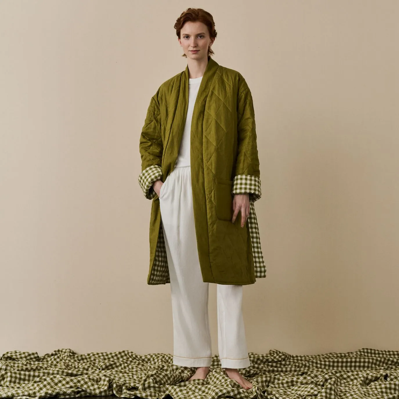 Botanical Green Gingham Linen Housecoat