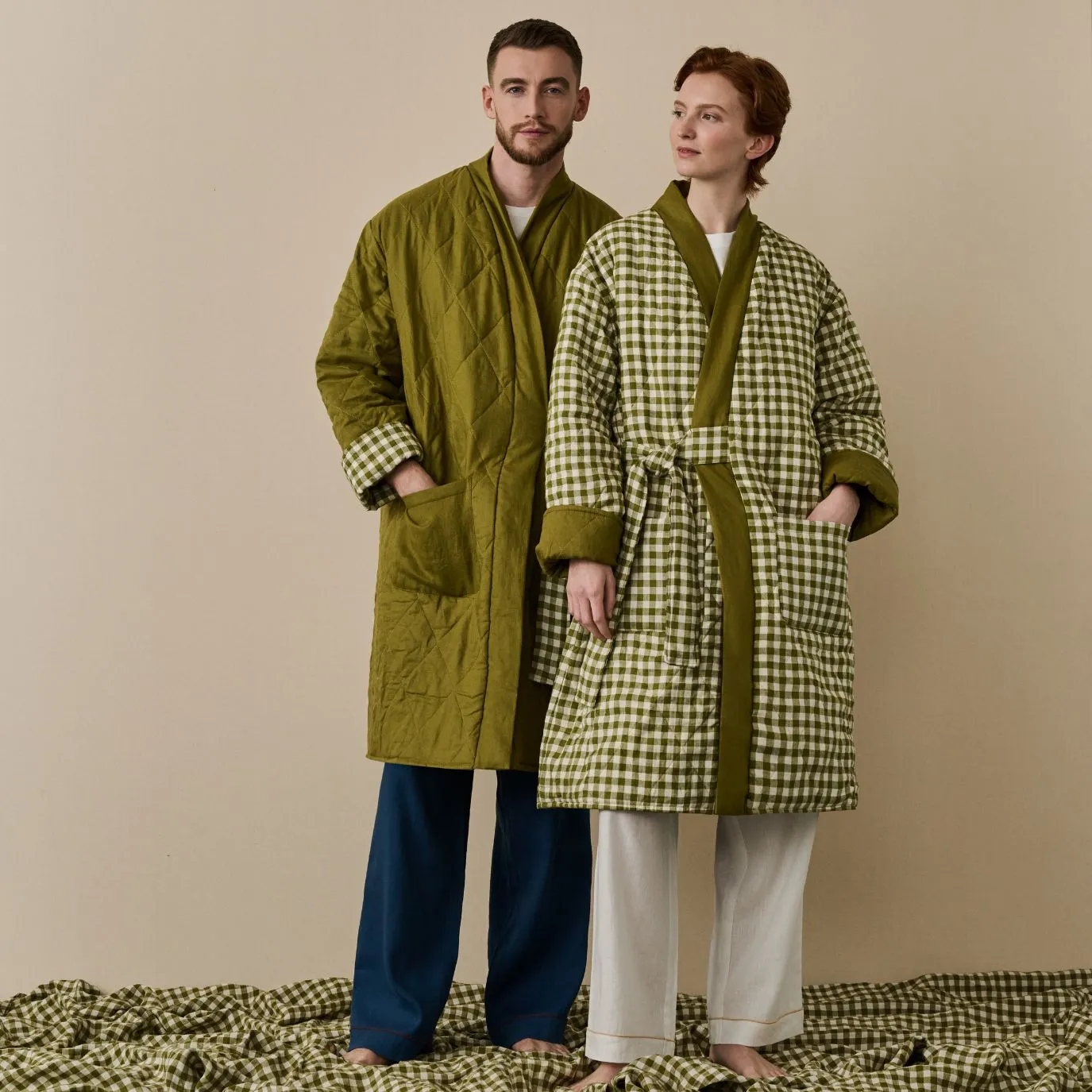 Botanical Green Gingham Linen Housecoat