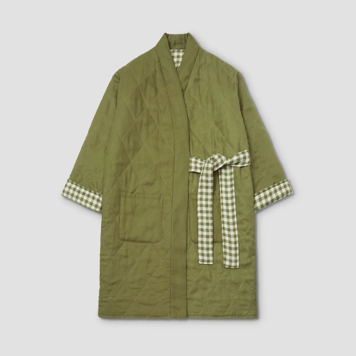 Botanical Green Gingham Linen Housecoat