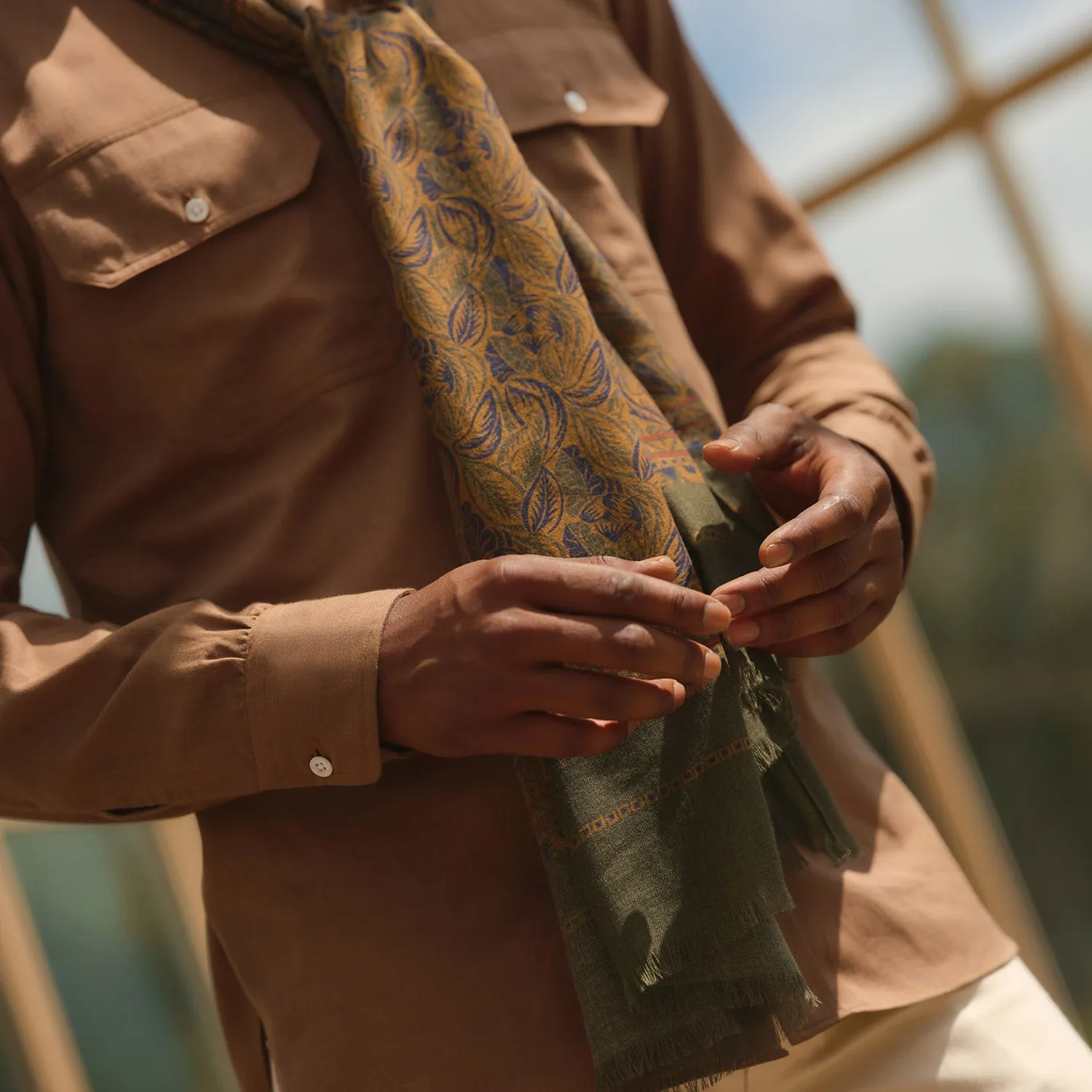 Brown Military Weekend Fit Cotton & Wool Shirt with Stand Collar and 1 Button Cuffs