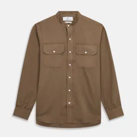 Brown Military Weekend Fit Cotton & Wool Shirt with Stand Collar and 1 Button Cuffs