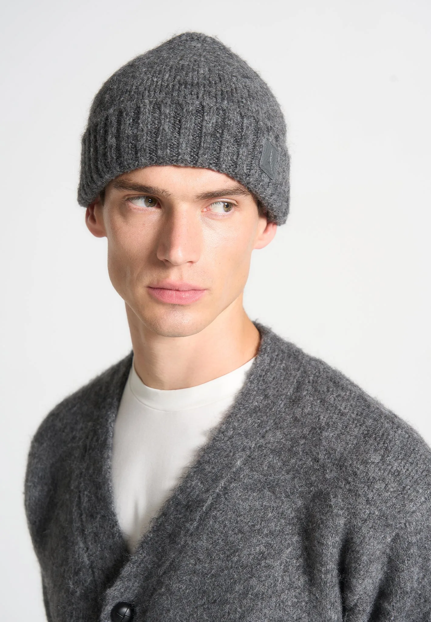 Brushed Wool Knit Beanie - Grey Marl