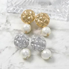 Button and Pearl Clip On Earrings