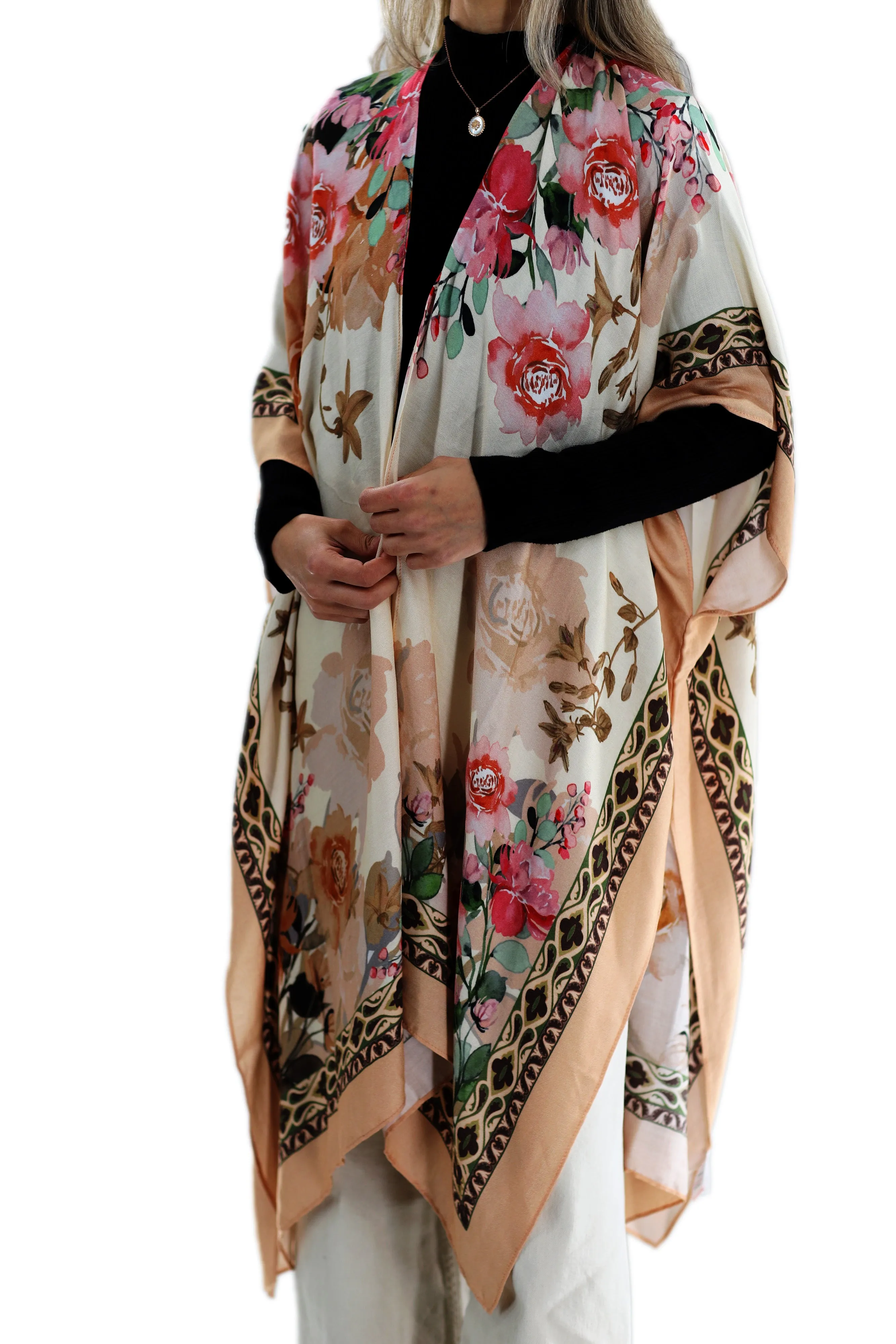 Classic Spring Kimono - Beige/Rose Romanic Floral Design - One Size (40x75in)