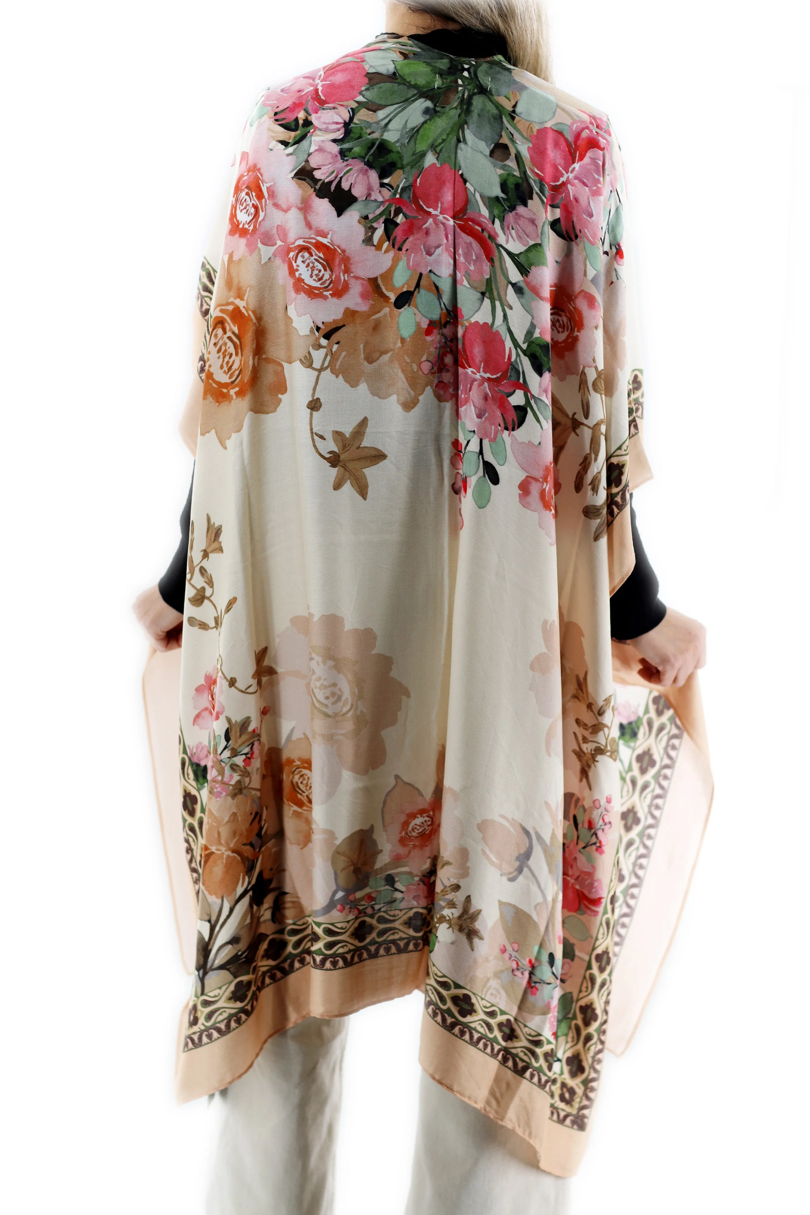 Classic Spring Kimono - Beige/Rose Romanic Floral Design - One Size (40x75in)