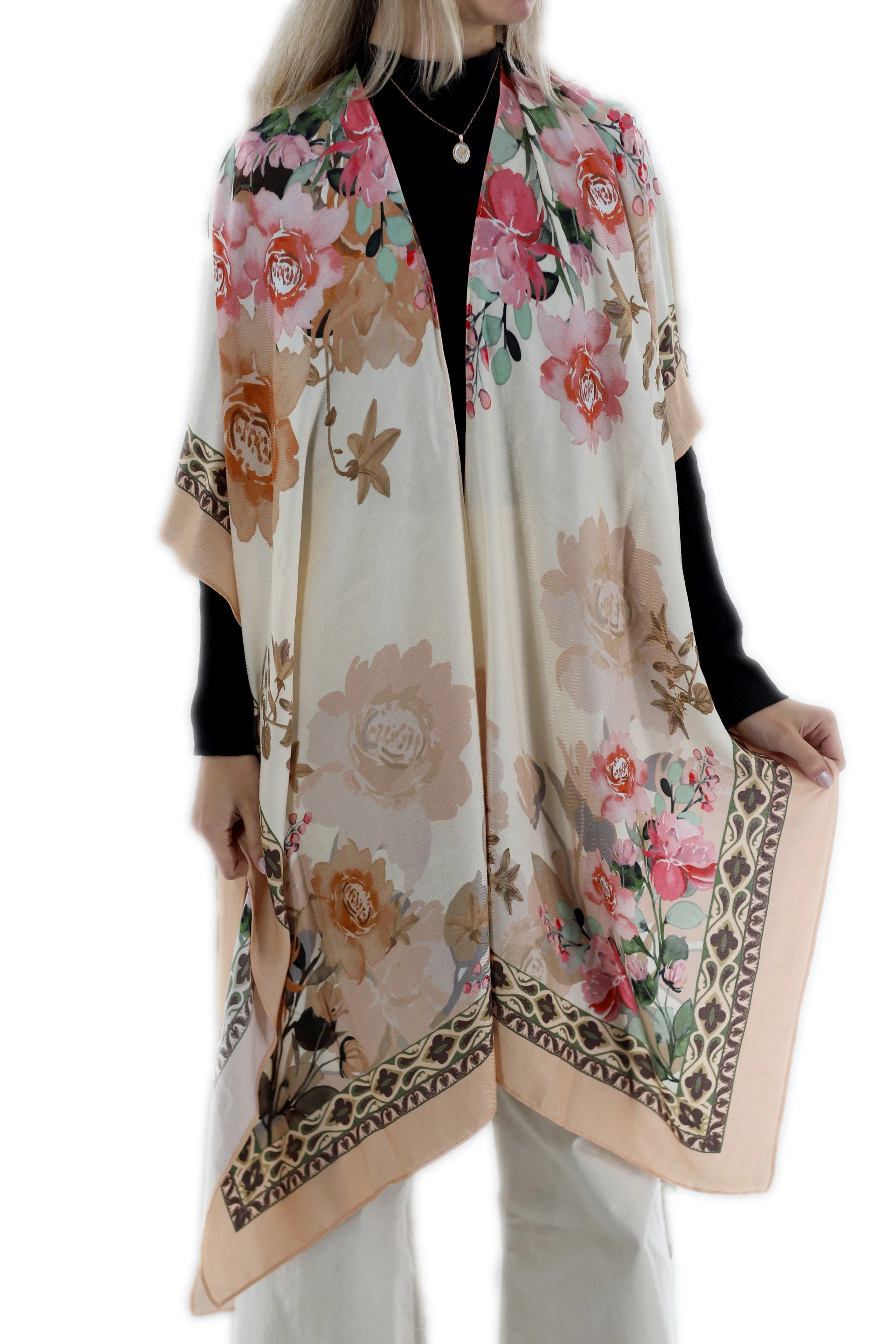 Classic Spring Kimono - Beige/Rose Romanic Floral Design - One Size (40x75in)