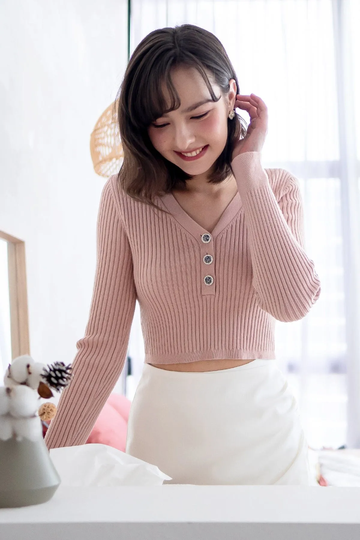 COCO RIBBED KNIT TOP IN PINK