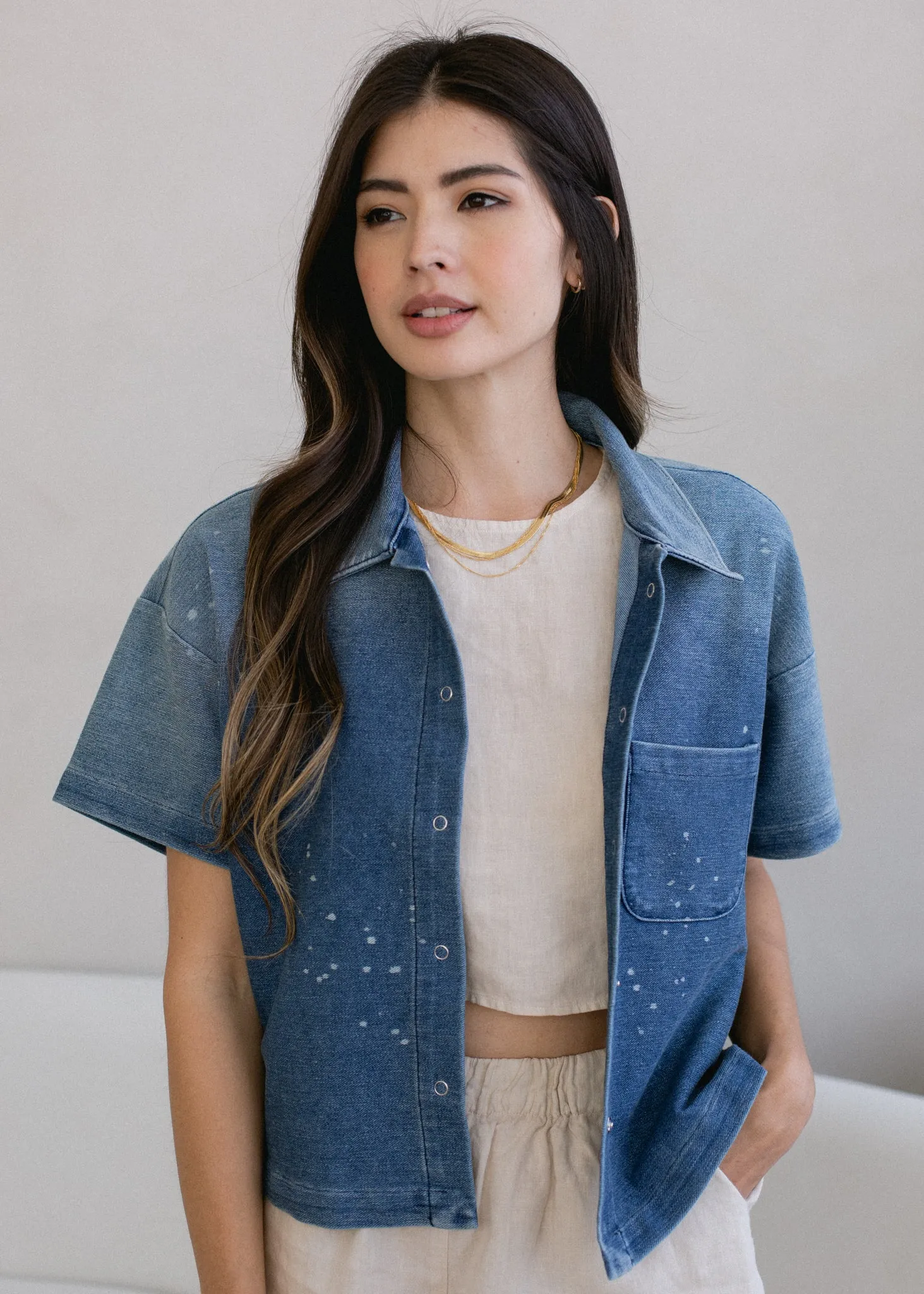 Cropped Short Sleeve Indigo Button Down