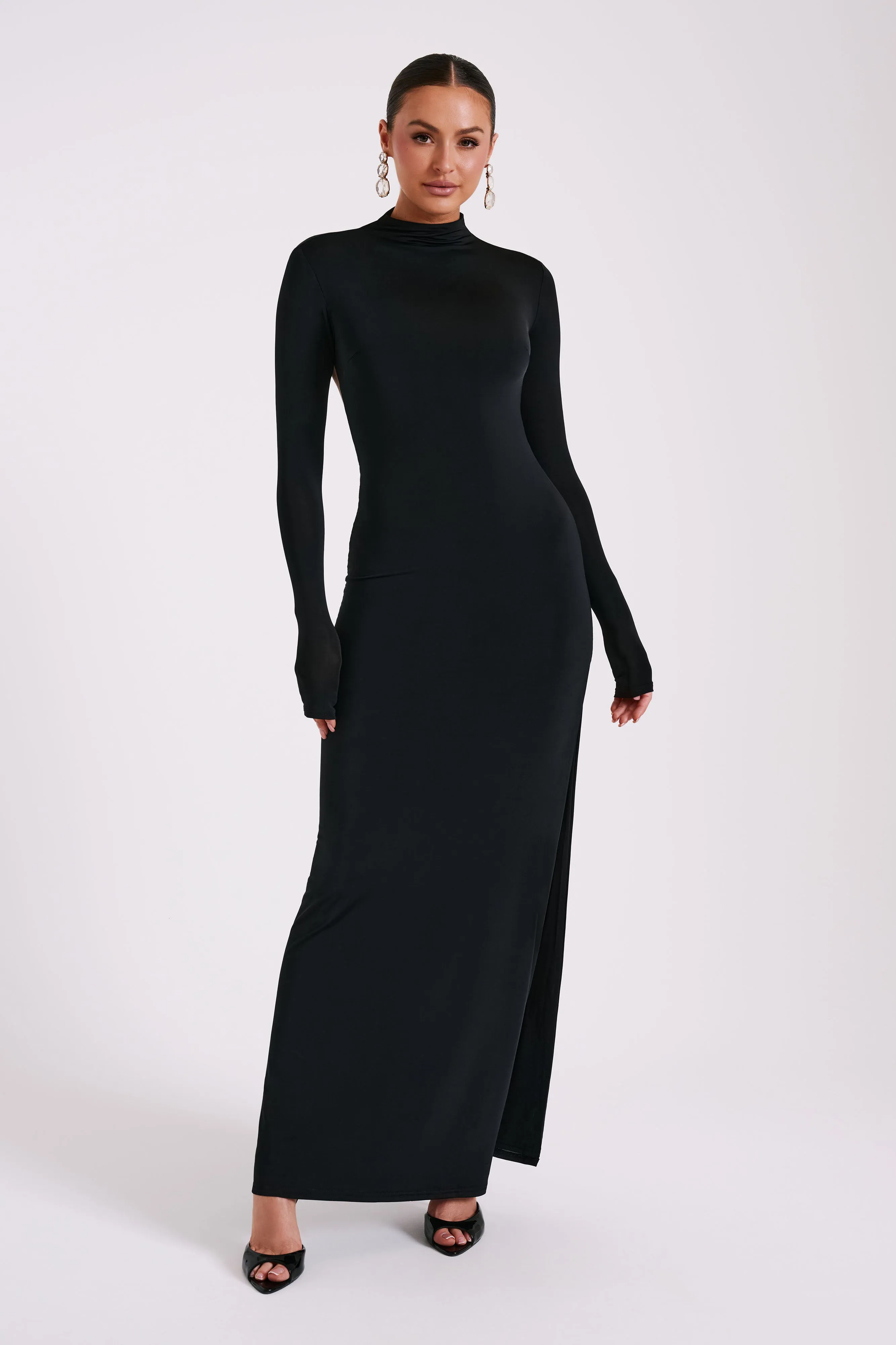 Elani Slinky High Neck Maxi Dress - Black