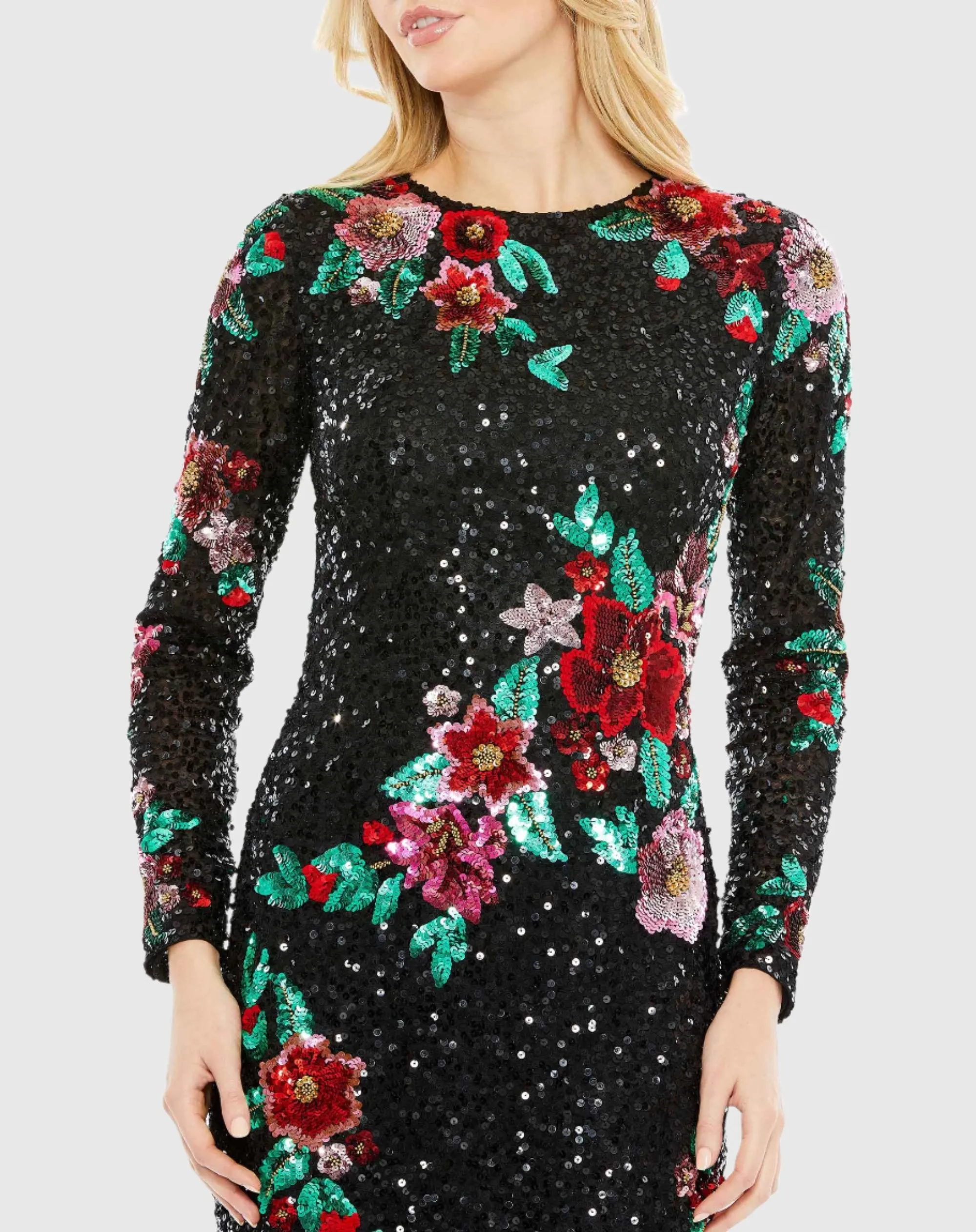 Embellished High Neck Cascading Floral Dress