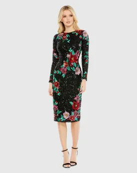 Embellished High Neck Cascading Floral Dress