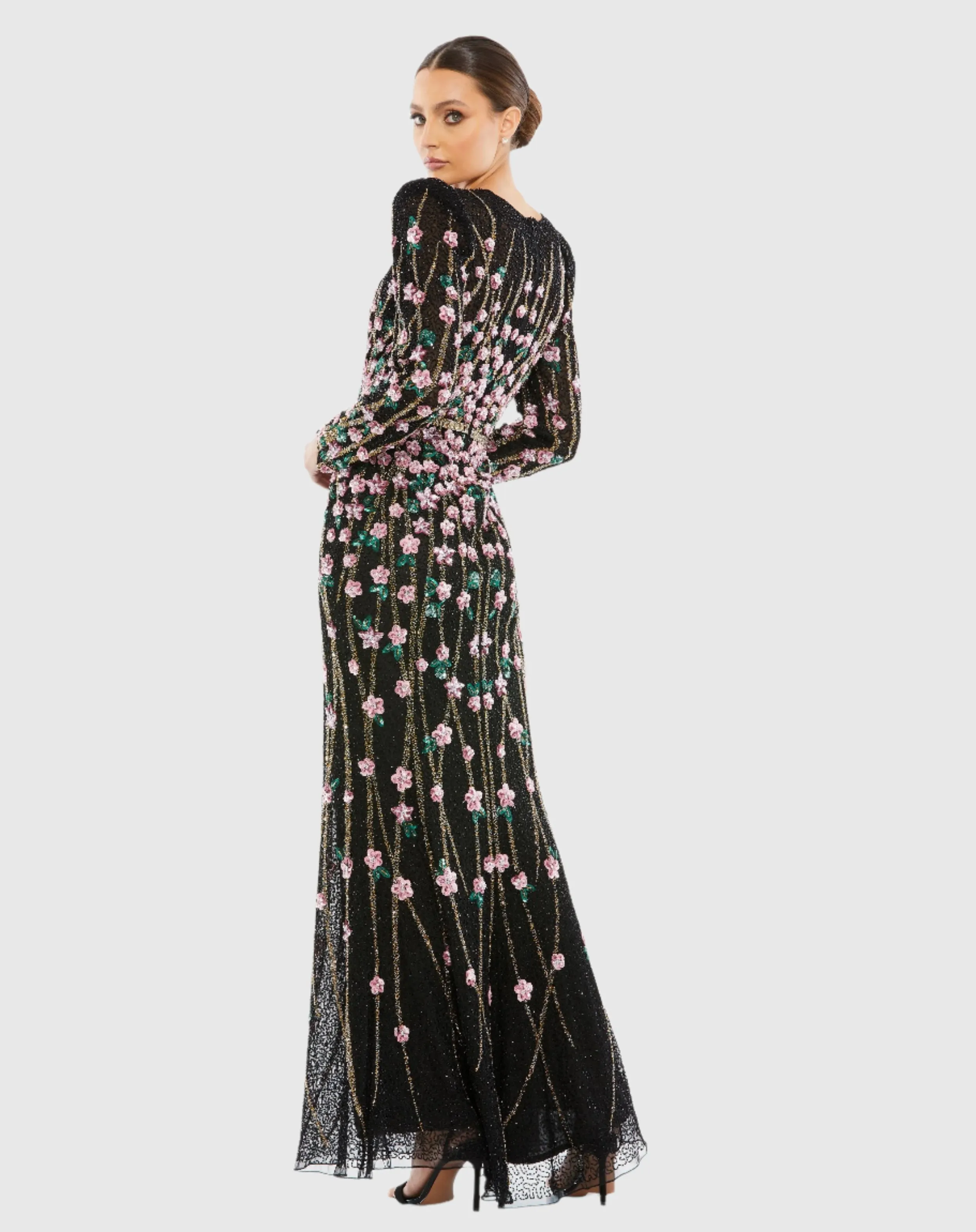 Embellished High Neck Long Sleeve Gown