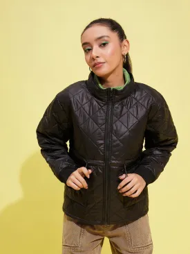 Girls Black Front Pocket Quilted Jacket