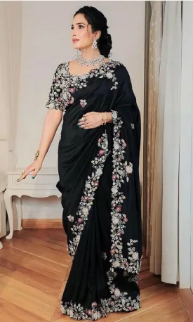 Heavy Embroidery Party wear Women's Saree Black