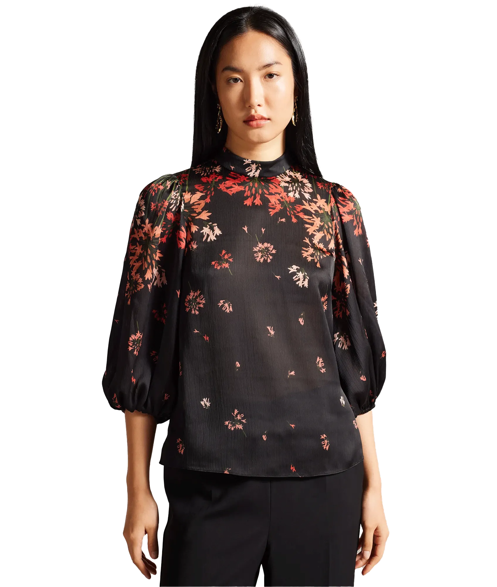 High Neck Balloon Sleeve Blouse - Black