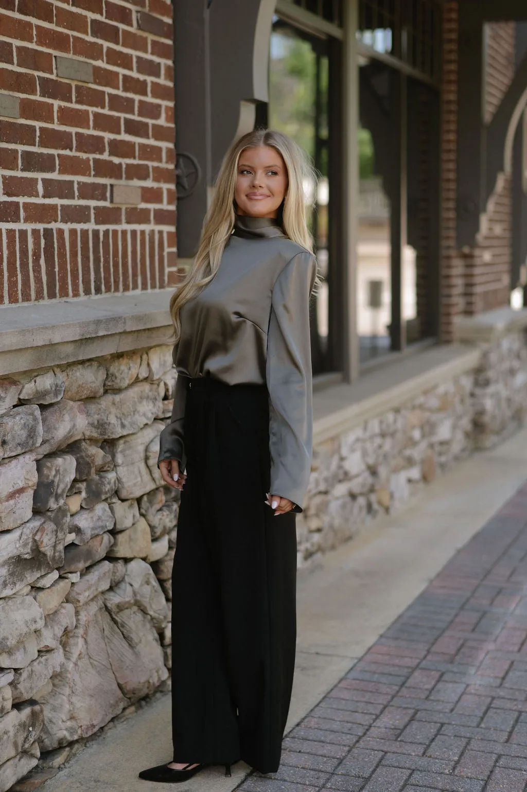 High Neck Satin Blouse-Olive