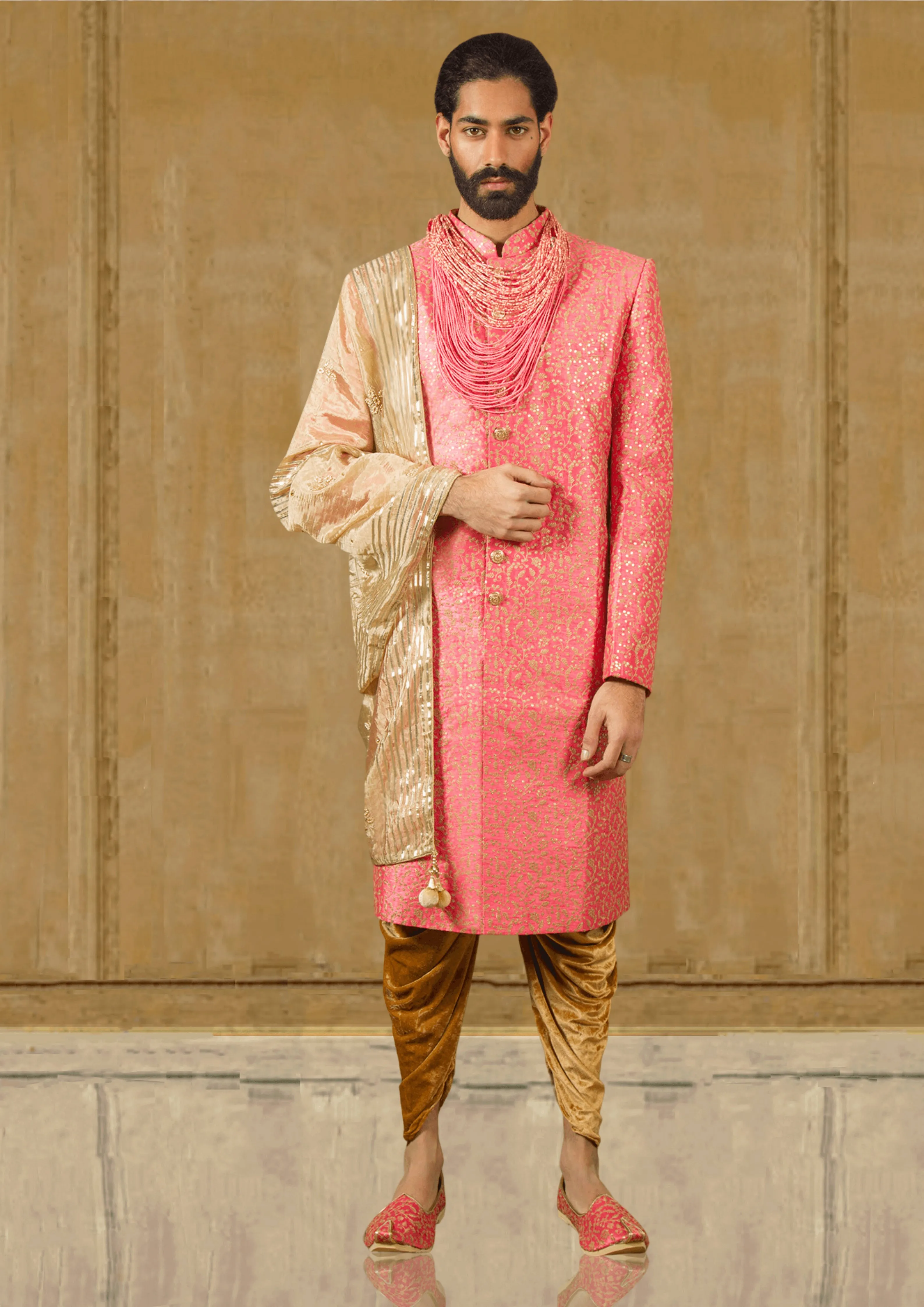 Pastel Pink Sherwani with Gold Dhoti and Dupatta