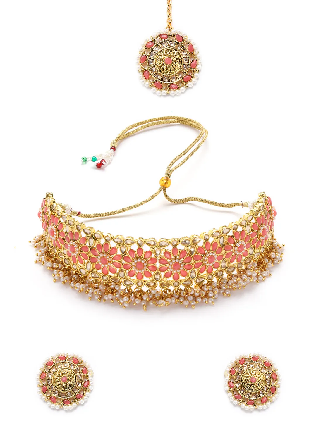 Pink Pearls Beads Kundan Stones Gold Plated Choker Set With Maangtikka