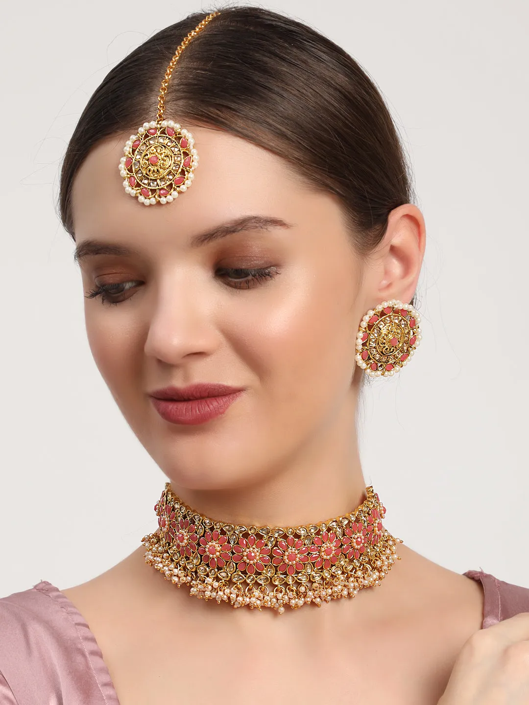 Pink Pearls Beads Kundan Stones Gold Plated Choker Set With Maangtikka