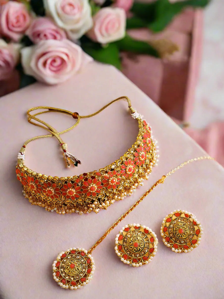 Pink Pearls Beads Kundan Stones Gold Plated Choker Set With Maangtikka