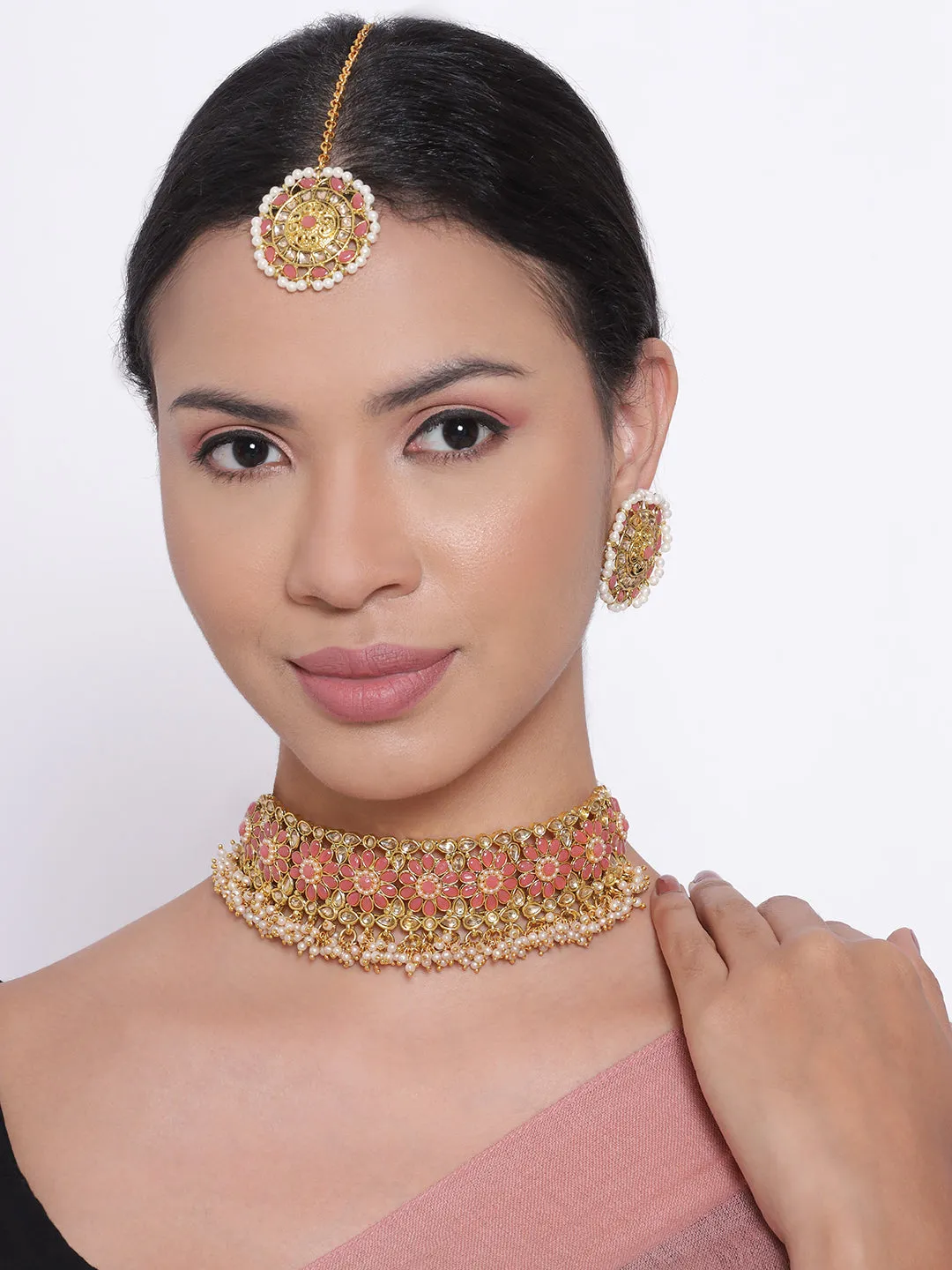 Pink Pearls Beads Kundan Stones Gold Plated Choker Set With Maangtikka