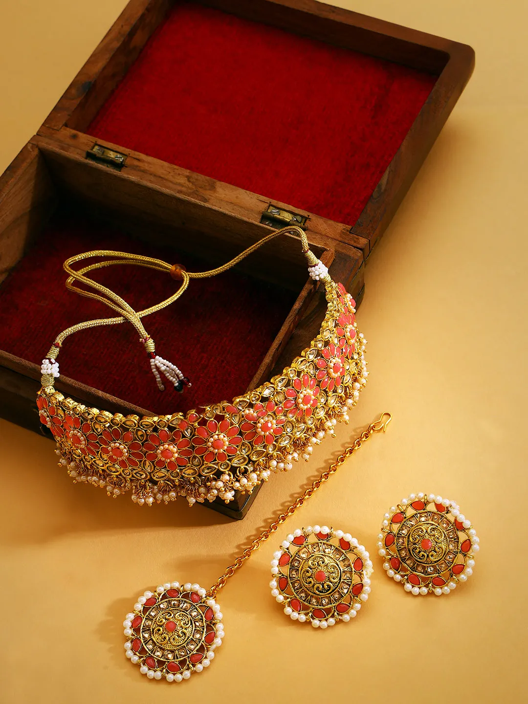 Pink Pearls Beads Kundan Stones Gold Plated Choker Set With Maangtikka