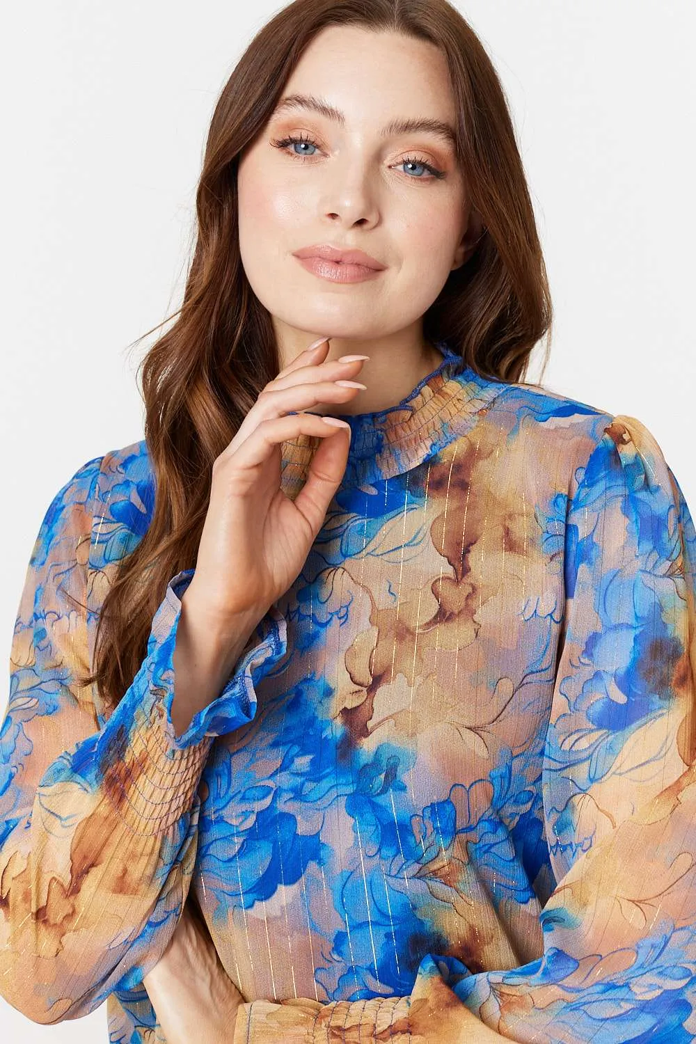 Printed High Neck Long Sleeve Blouse