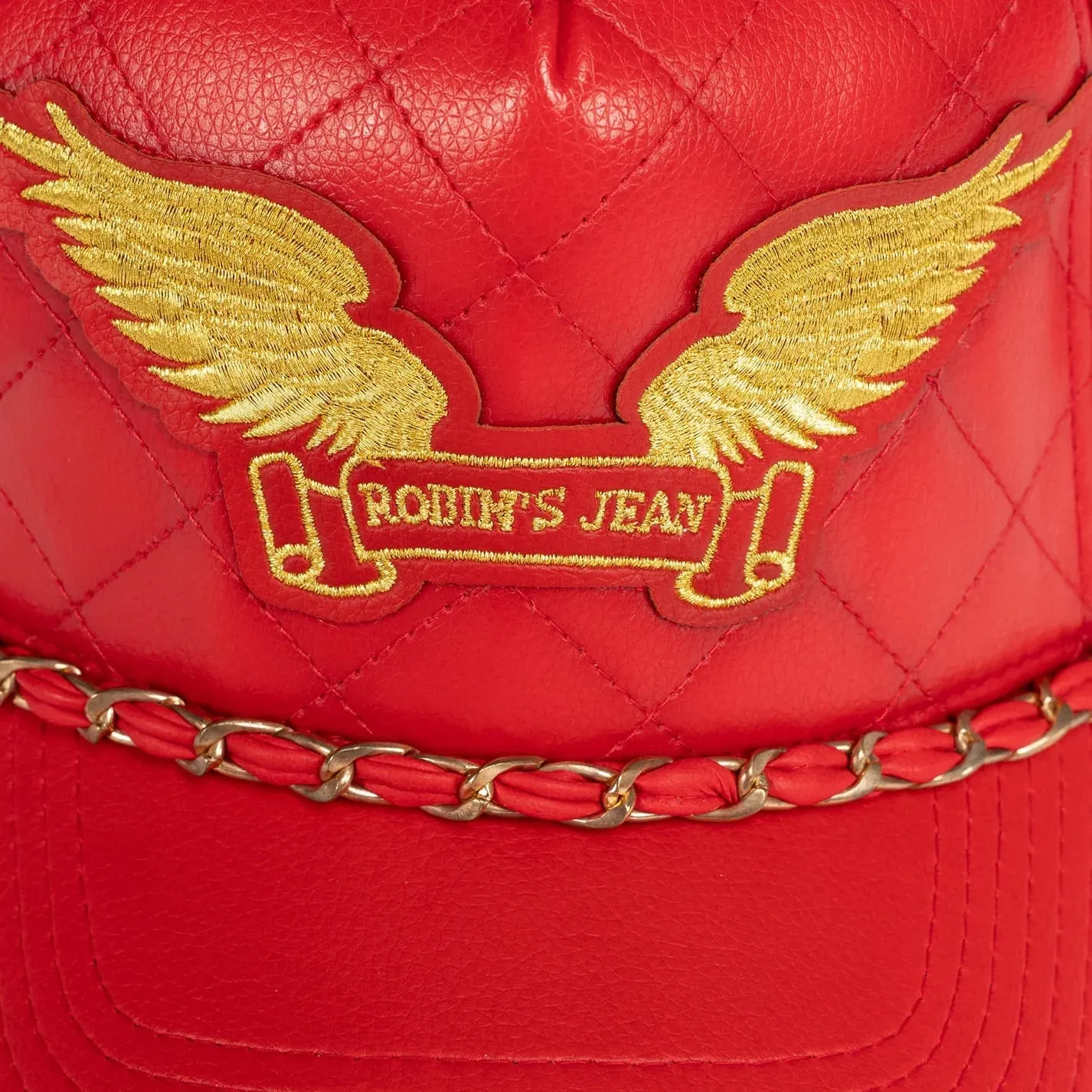 ROBINS LEATHER QUILTED CAP WITH GOLD WINGS STUDS AND COPPER CHAIN IN RED