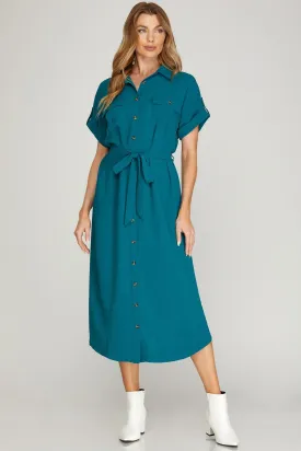 Sky Drop Shoulder Woven Button Down Dress