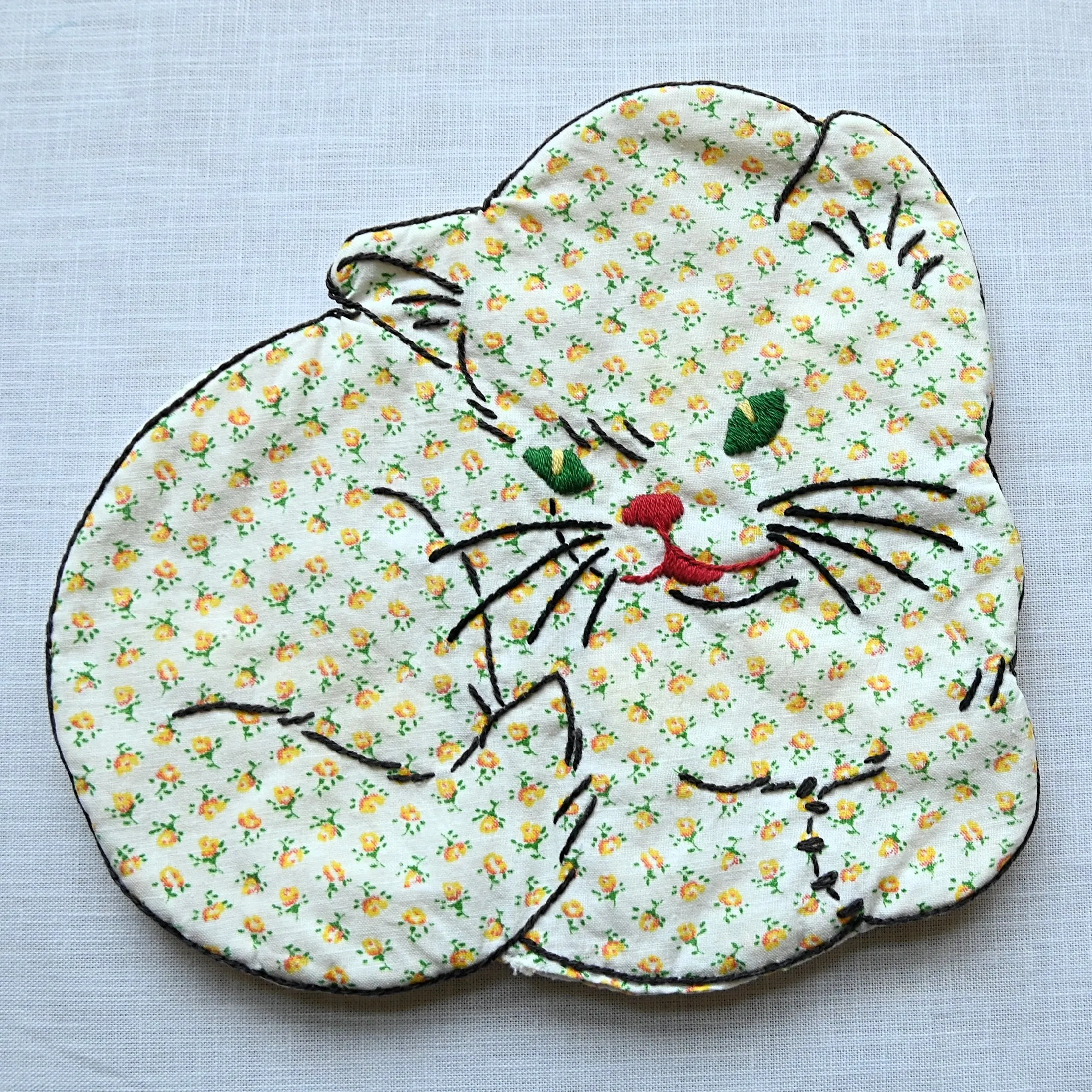 SOLD Vintage Embroidered Cat Pot Holders (2), Calico Print