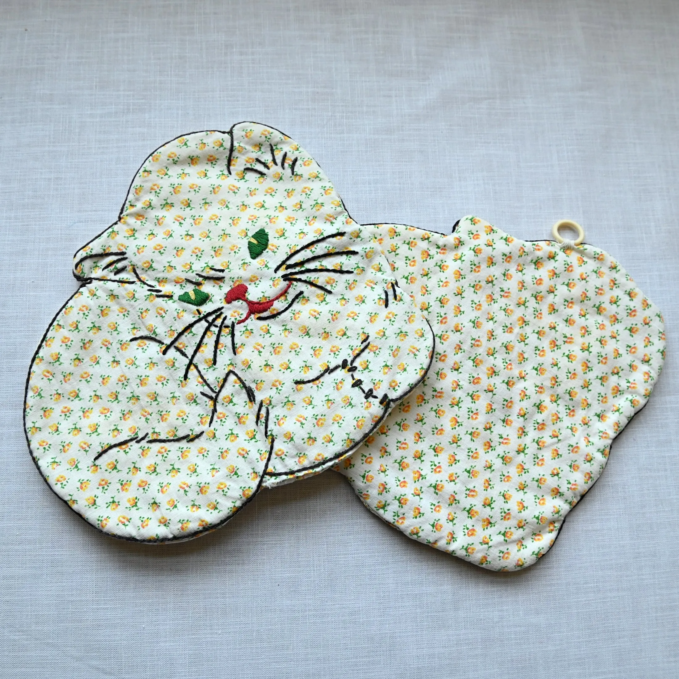 SOLD Vintage Embroidered Cat Pot Holders (2), Calico Print