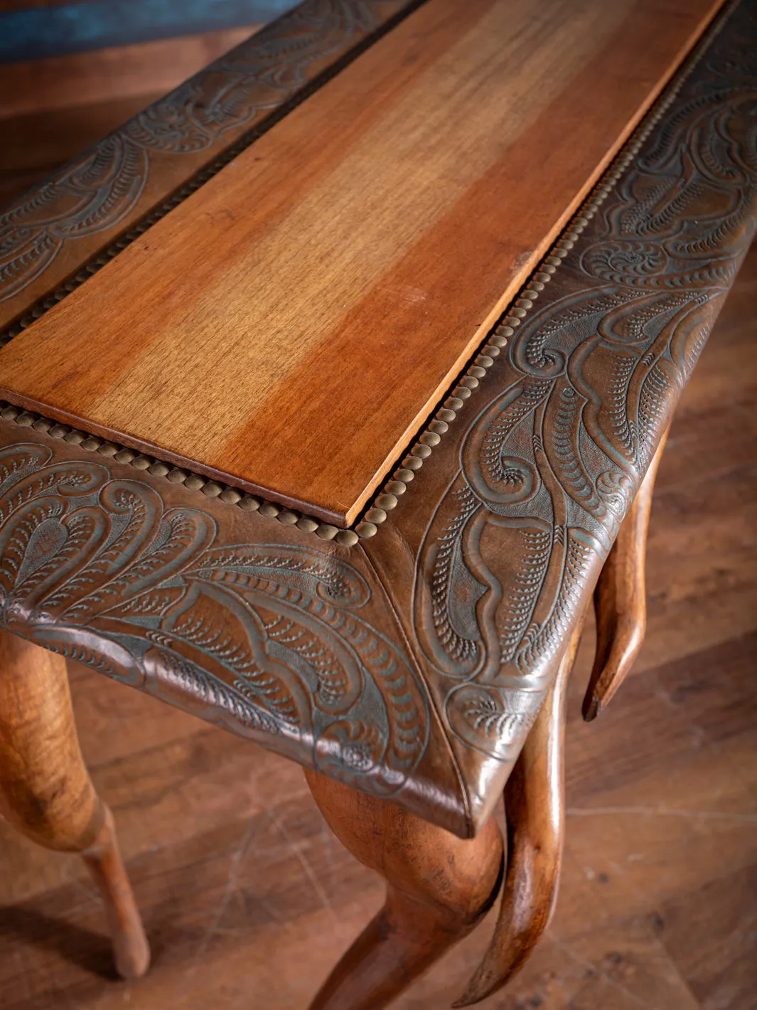 Tooled Leather Horn Console